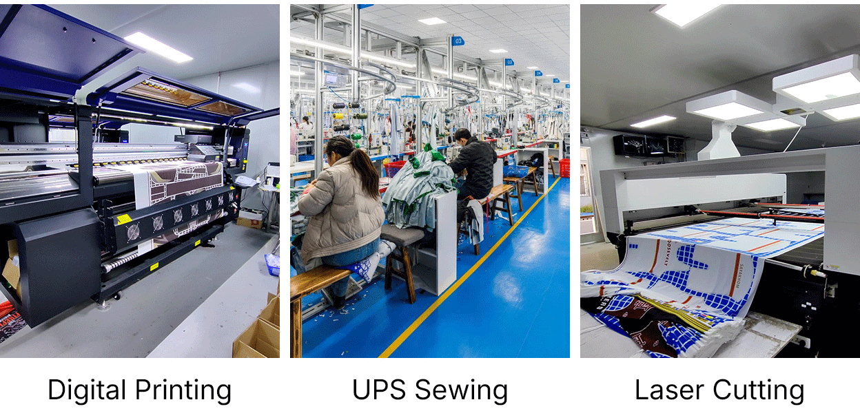 Digital Printing, UPS Sewing, Laser Cutting Production Process